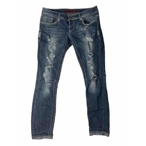 Bongo Womens Y2K Denim Distressed Jeans Low Rise Rolled‎ Hem Embroidered Size 7